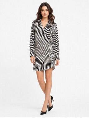 MNG Mango Women’s Wrap Dress Black White Striped Tie Waist Collared Size 8 NWT